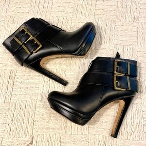 Diesel Black High Heel Ankle Boots with Gold Brass Buckle Details